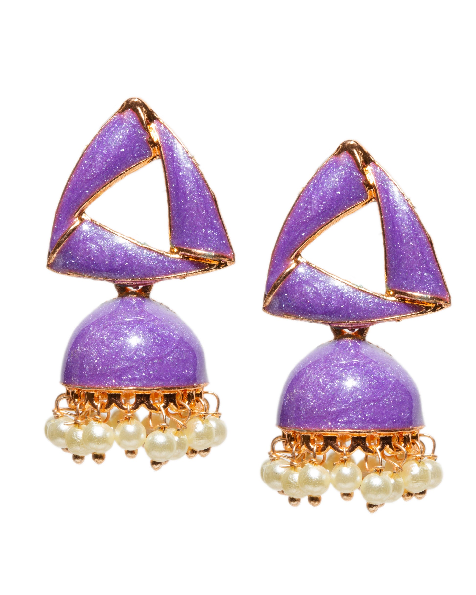 Pair of Bindhani Indian purple small jhumka earrings featuring a modern triangular stud design with a glitter-textured black finish, gold-tone detailing, dome-shaped jhumka drops, and delicate white pearl bead accents along the edges.