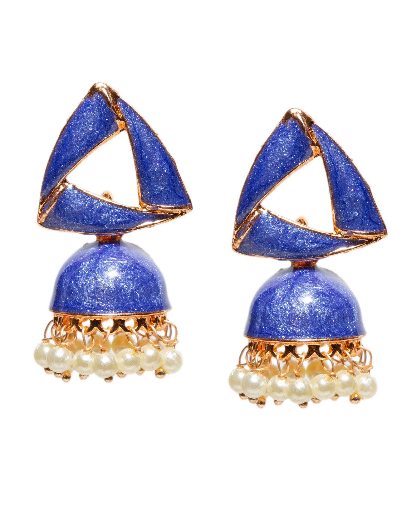 Pair of Bindhani Indian blue small jhumka earrings featuring a modern triangular stud design with a glitter-textured black finish, gold-tone detailing, dome-shaped jhumka drops, and delicate white pearl bead accents along the edges.