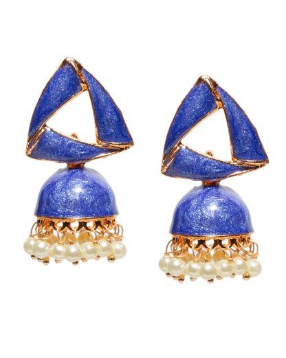 Pair of Bindhani Indian blue small jhumka earrings featuring a modern triangular stud design with a glitter-textured black finish, gold-tone detailing, dome-shaped jhumka drops, and delicate white pearl bead accents along the edges.