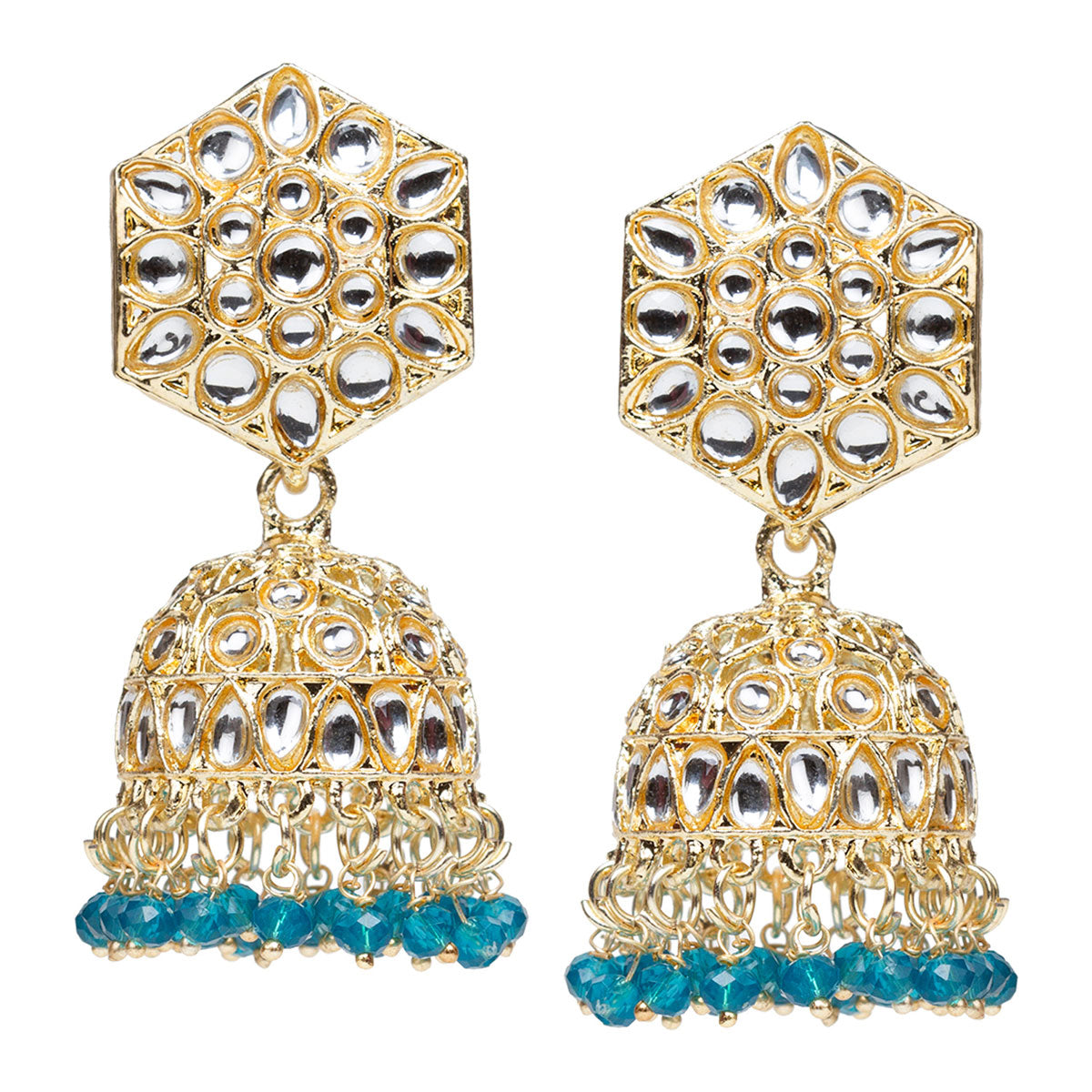 bindhani kundan gold plated blue drop jhumka earrings for women girls