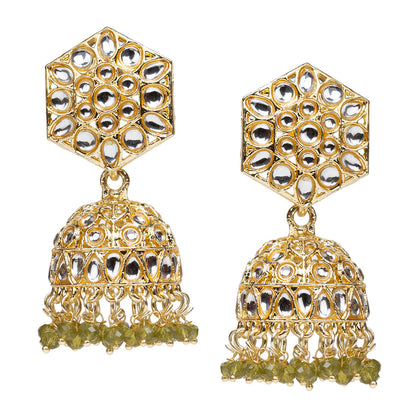 bindhani kundan gold plated mehandi green drop jhumka earrings for women girls