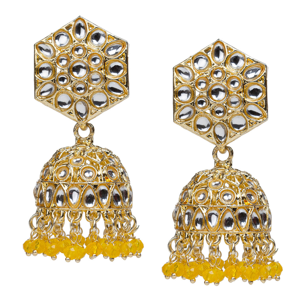 bindhani kundan gold plated yellow drop jhumka earrings for women girls