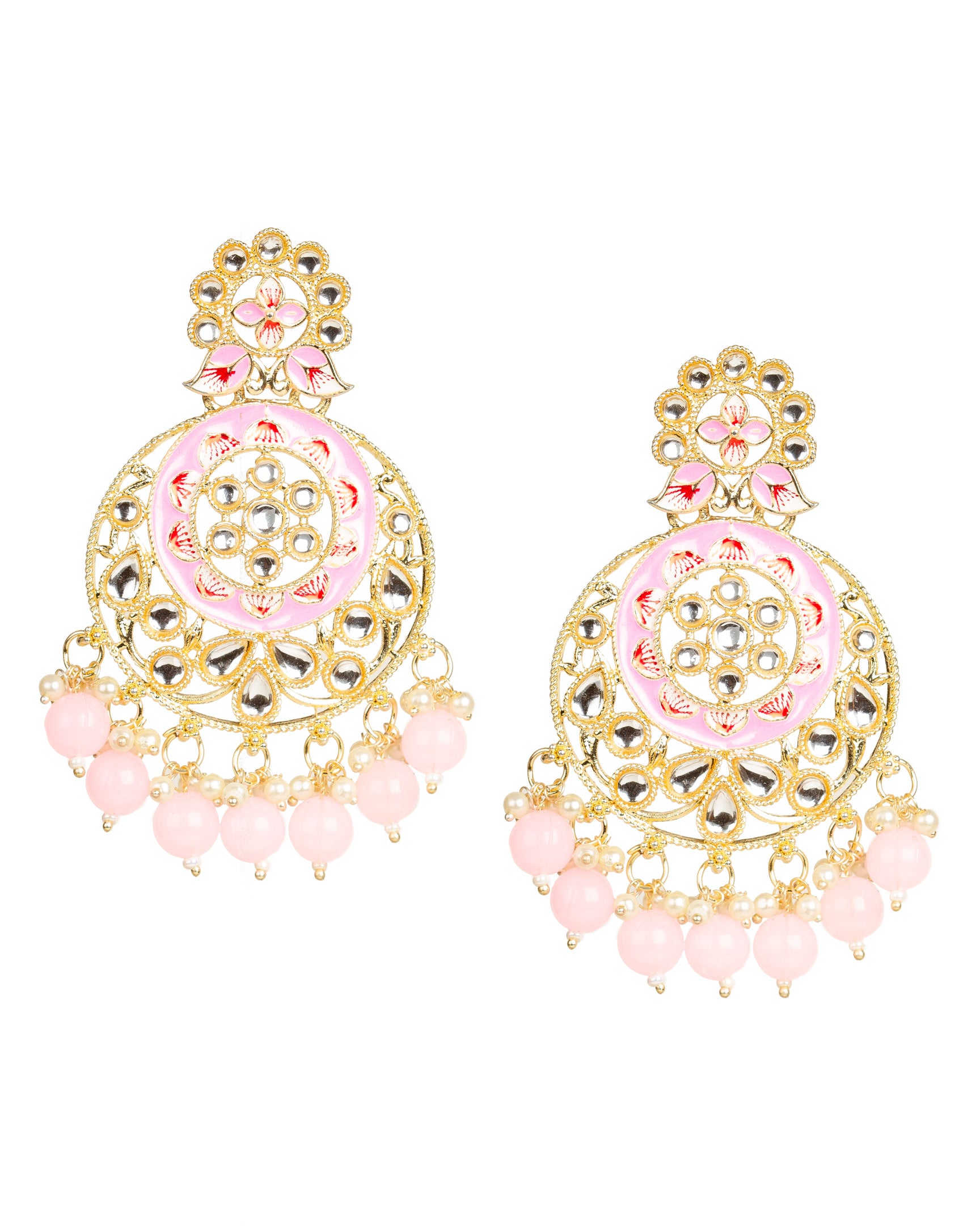 bindhani kundan stone pink drops dangler chandbali meenakari earrings for women girls