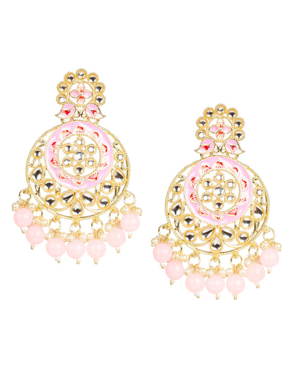 bindhani kundan stone pink drops dangler chandbali meenakari earrings for women girls