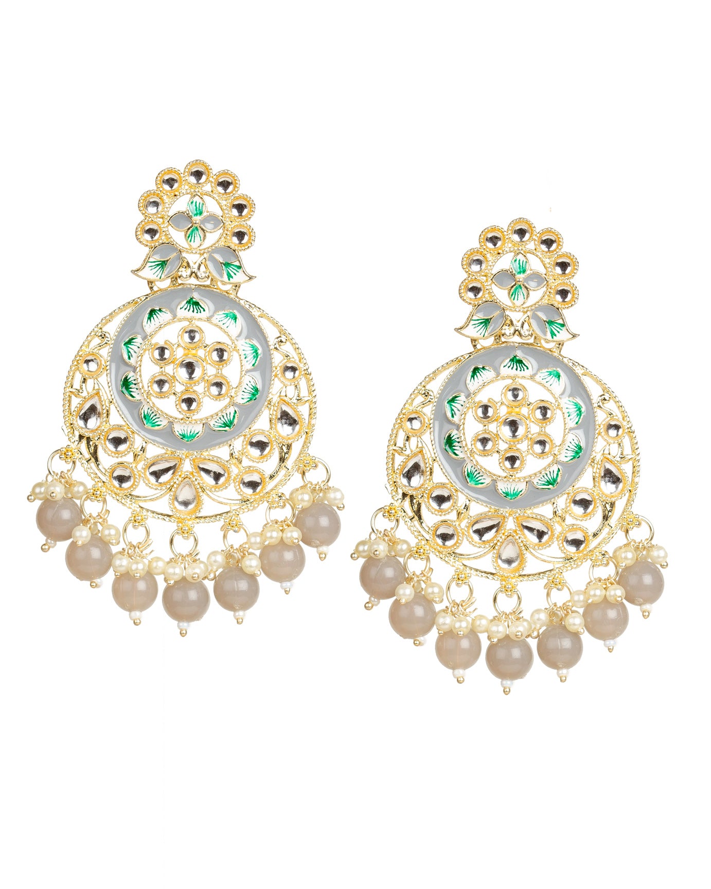 bindhani kundan white stone grey beads meenakari chandbali earrings for women girls