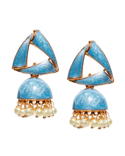 Pair of Bindhani Indian turquoise blue small jhumka earrings featuring a modern triangular stud design with a glitter-textured black finish, gold-tone detailing, dome-shaped jhumka drops, and delicate white pearl bead accents along the edges.
