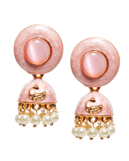 Bindhani gold-plated meenakari jhumka earrings with round light pink enamel stud tops, dome-shaped drops featuring embossed golden peacock motif detailing, and dangling white pearl beads in traditional ethnic style.