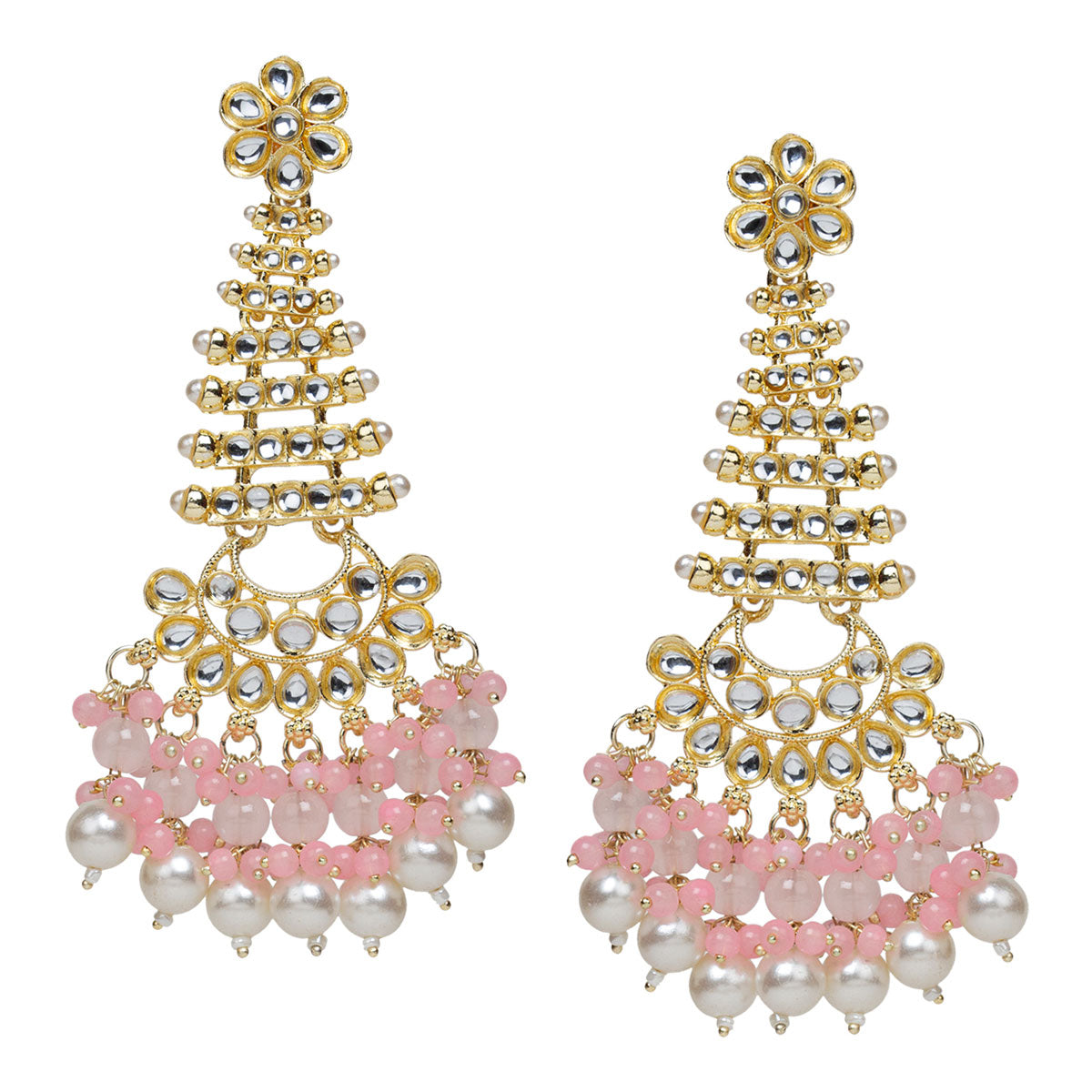 bindhani long gold plated kundan pearl light pink drop earrings for women girls