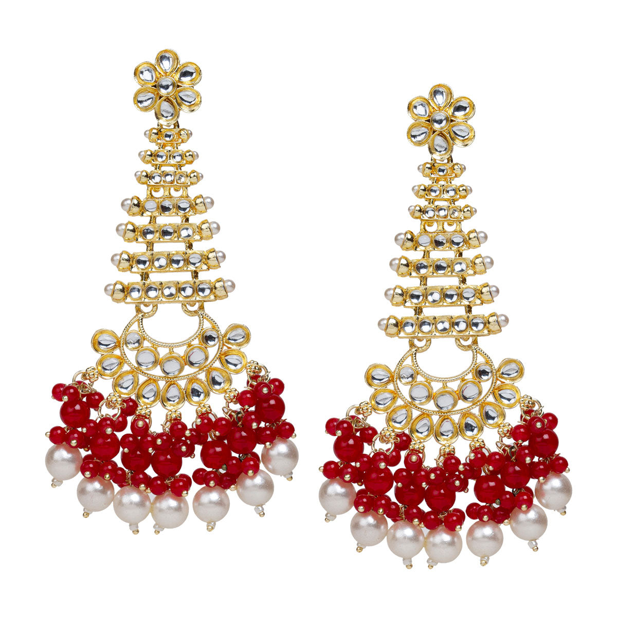 bindhani long gold plated kundan pearl red drop earrings for women girls