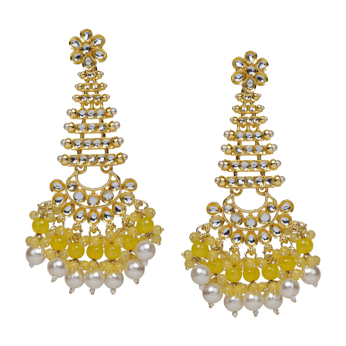 bindhani long gold plated kundan pearl yellow drop earrings for women girls