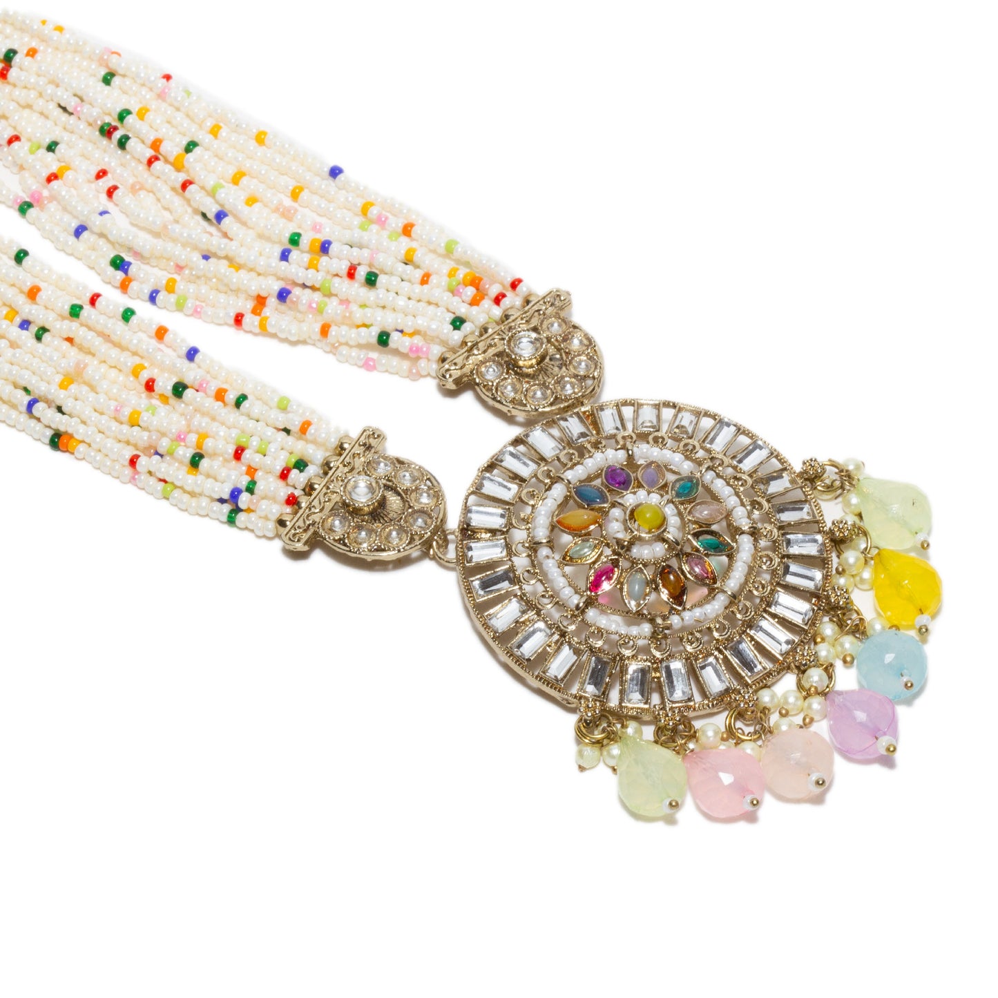 Close-up pendant view of Bindhani long Kundan stones Rani Haar necklace highlighting the intricately crafted gold-plated pendant embellished with sparkling Kundan stones and traditional ethnic detailing. Elegant royal-inspired centerpiece ideal for bridal, wedding, and festive jewelry styl