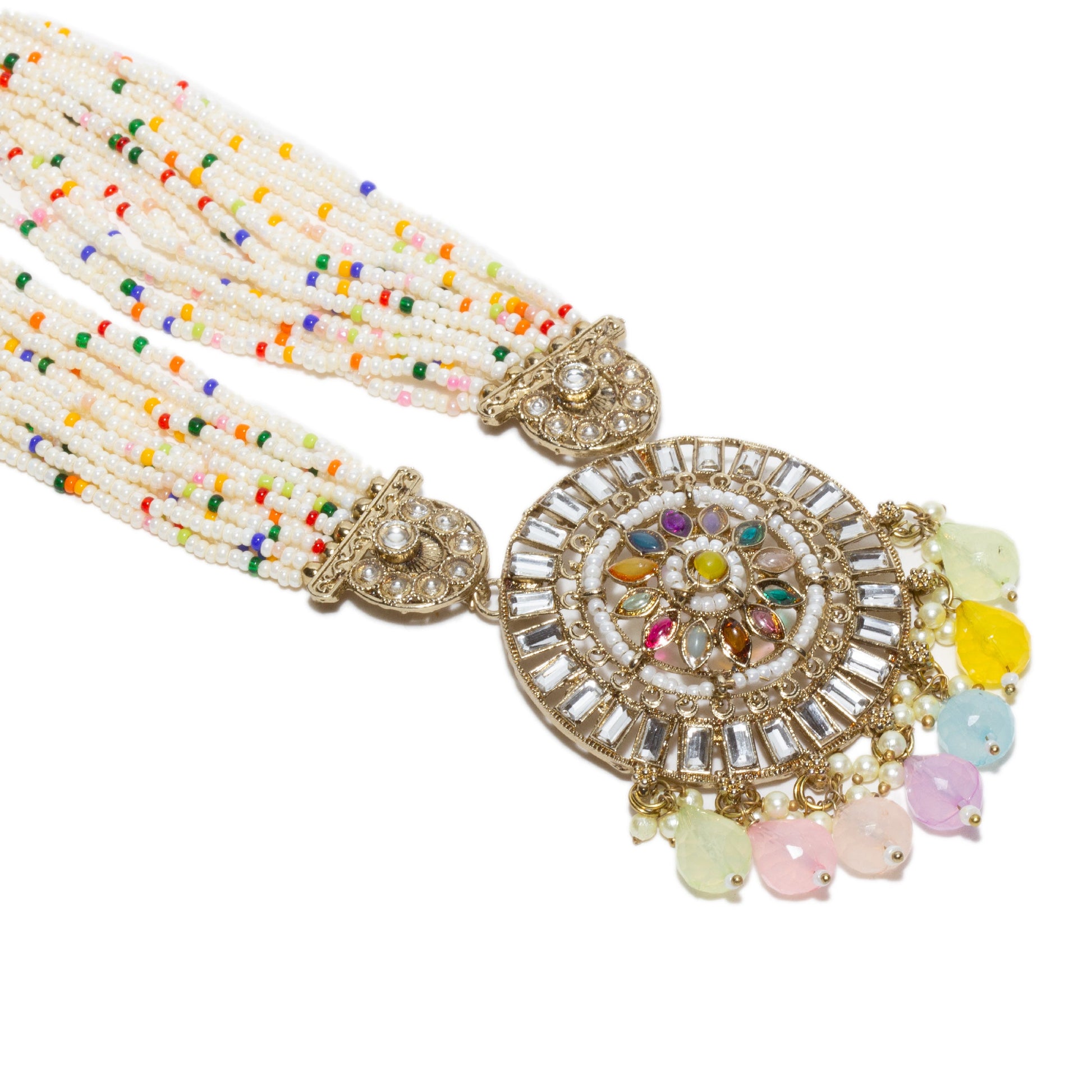 Close-up pendant view of Bindhani long Kundan stones Rani Haar necklace highlighting the intricately crafted gold-plated pendant embellished with sparkling Kundan stones and traditional ethnic detailing. Elegant royal-inspired centerpiece ideal for bridal, wedding, and festive jewelry styl