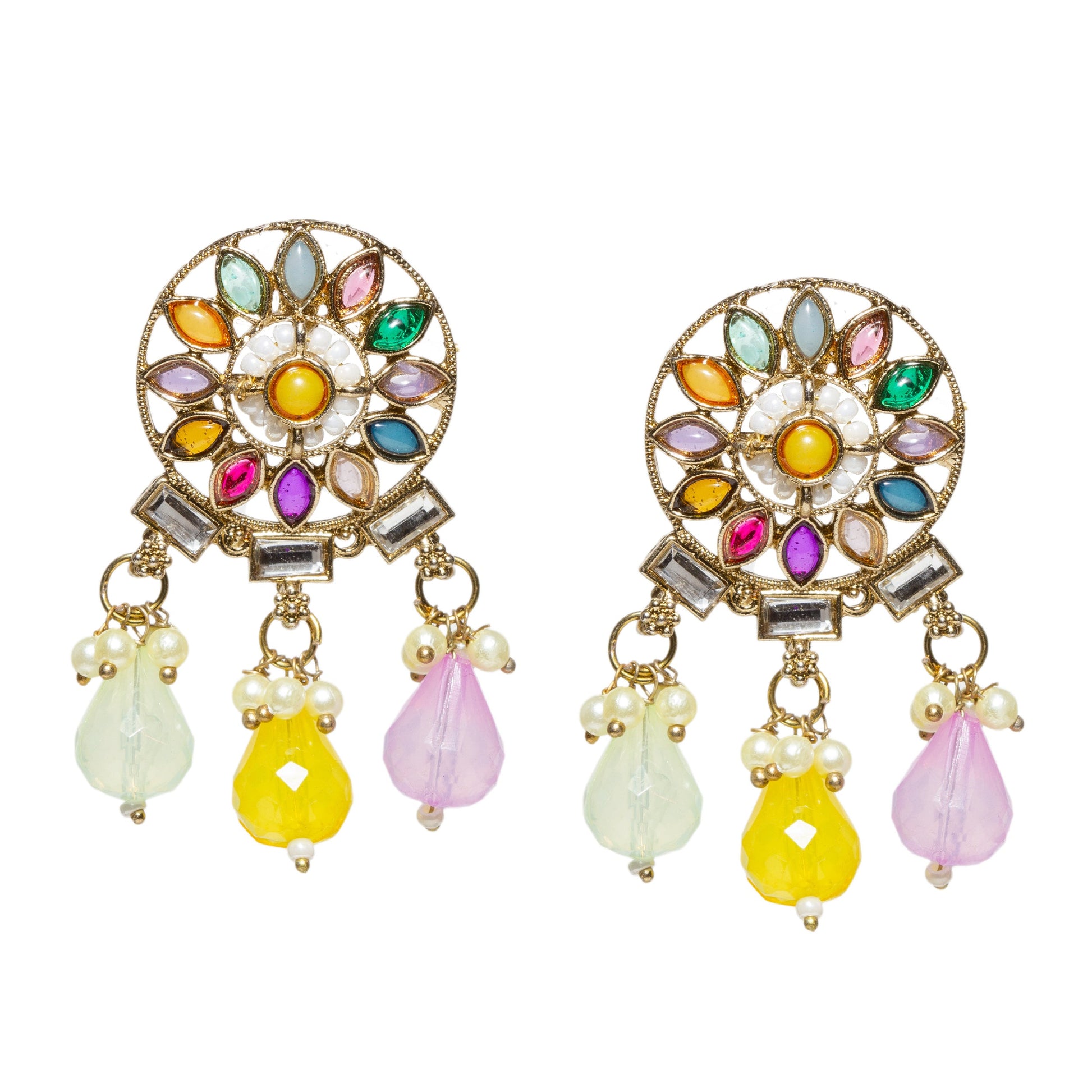 Bindhani gold-plated multi colors Kundan stone multi pearls drop beads earrings featuring intricate traditional craftsmanship with sparkling Kundan embellishments and elegant ethnic design. Stylish statement earrings perfect for bridal wear, weddings, festive occasions, and traditional outfits