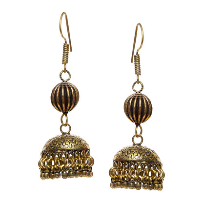 bindhani long oxidised gold plated jhumki earrings fish hook wire for women and girls