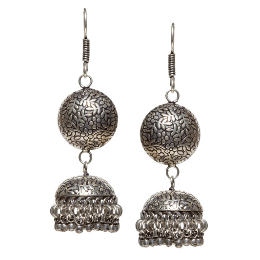 bindhani long oxidised silver plated jhumka jhumki fish hook earrings for women and girls