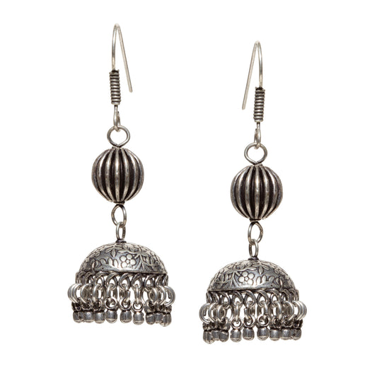 bindhani long oxidised silver plated jhumki earrings fish hook wire for women and girls