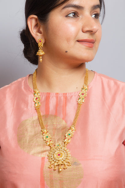 Long Temple South Indian Necklace & Jhumki Earrings Set