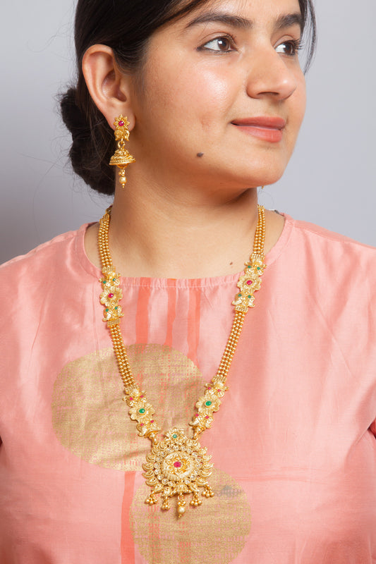 Long Temple South Indian Necklace & Jhumki Earrings Set