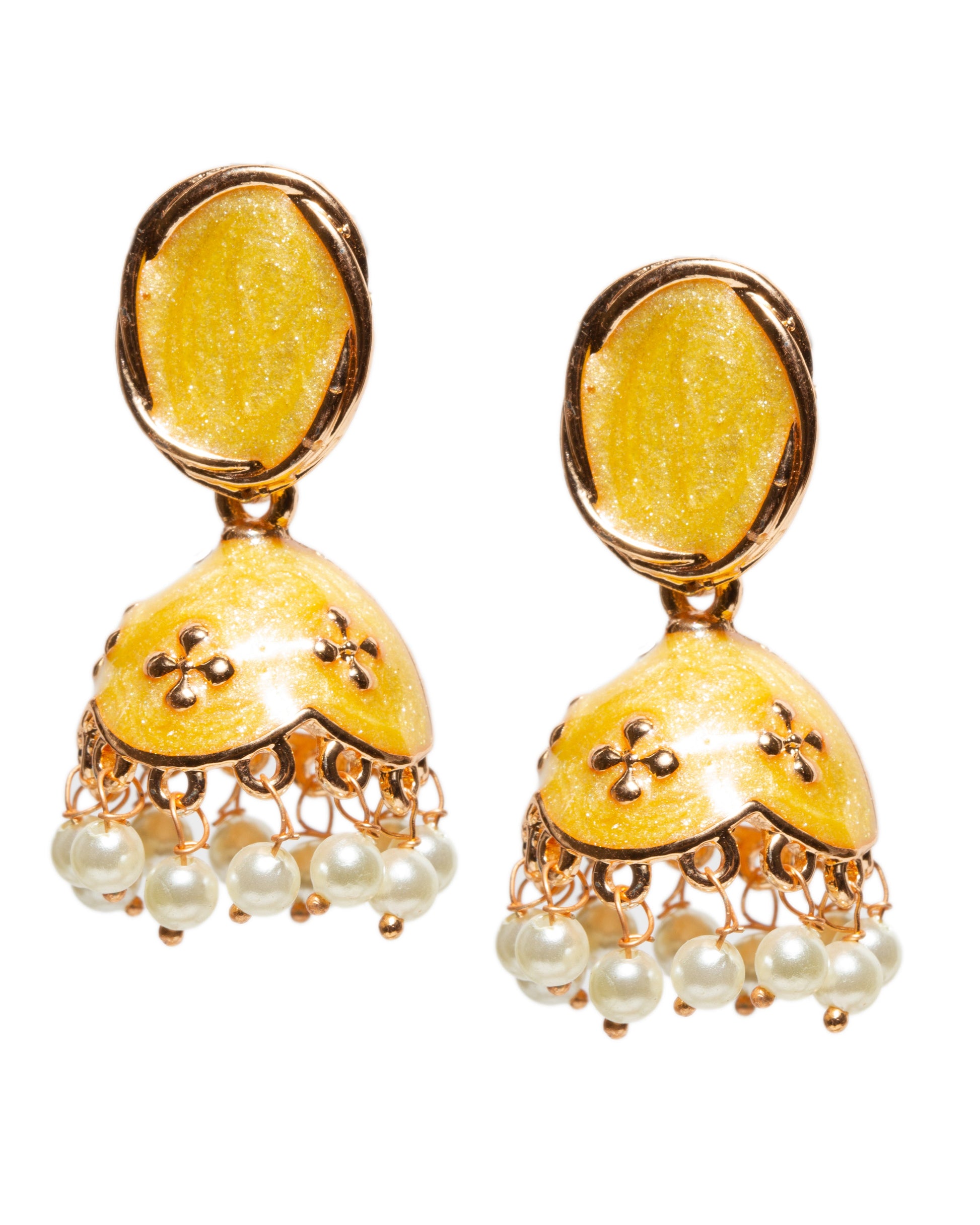 Bindhani rose gold-tone jhumka earrings featuring oval stud tops with mango yellow meenakari enamel work. The earrings have dome-shaped drops adorned with embossed motifs and dangling white pearl beads, creating a graceful traditional ethnic look.