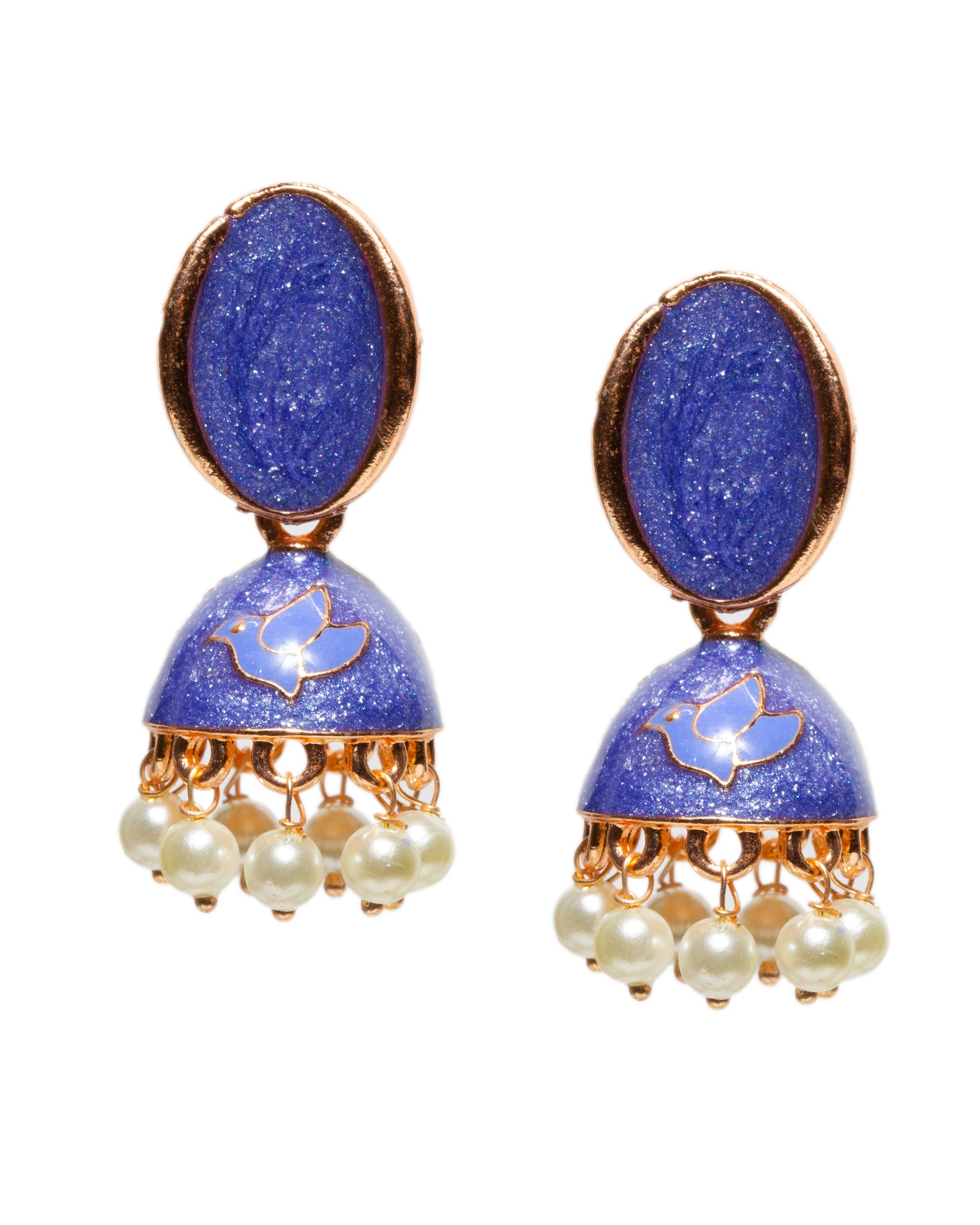 Bindhani gold-plated meenakari jhumka earrings with oval shaped dark blue enamel stud tops, dome-shaped drops featuring light blue twity bird motif enamel work, and dangling white pearl beads in traditional ethnic design.