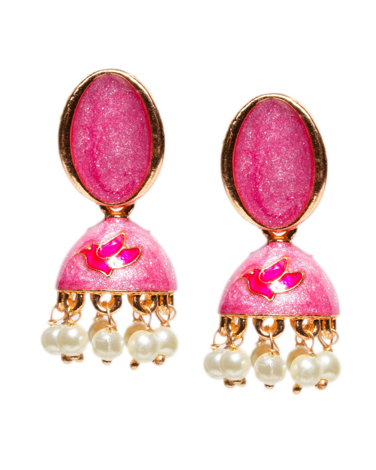 Bindhani gold-plated meenakari jhumka earrings with oval shaoed pink enamel stud tops, dome-shaped drops featuring dark pink twity bird motif enamel work, and dangling white pearl beads in traditional ethnic design.