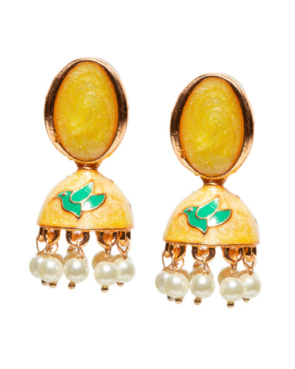 Bindhani gold-plated meenakari jhumka earrings with yellow enamel Oval shaped stud tops, dome-shaped drops featuring green twity bird motif enamel work, and dangling white pearl beads in traditional ethnic design Perfect for haldi ceremony.