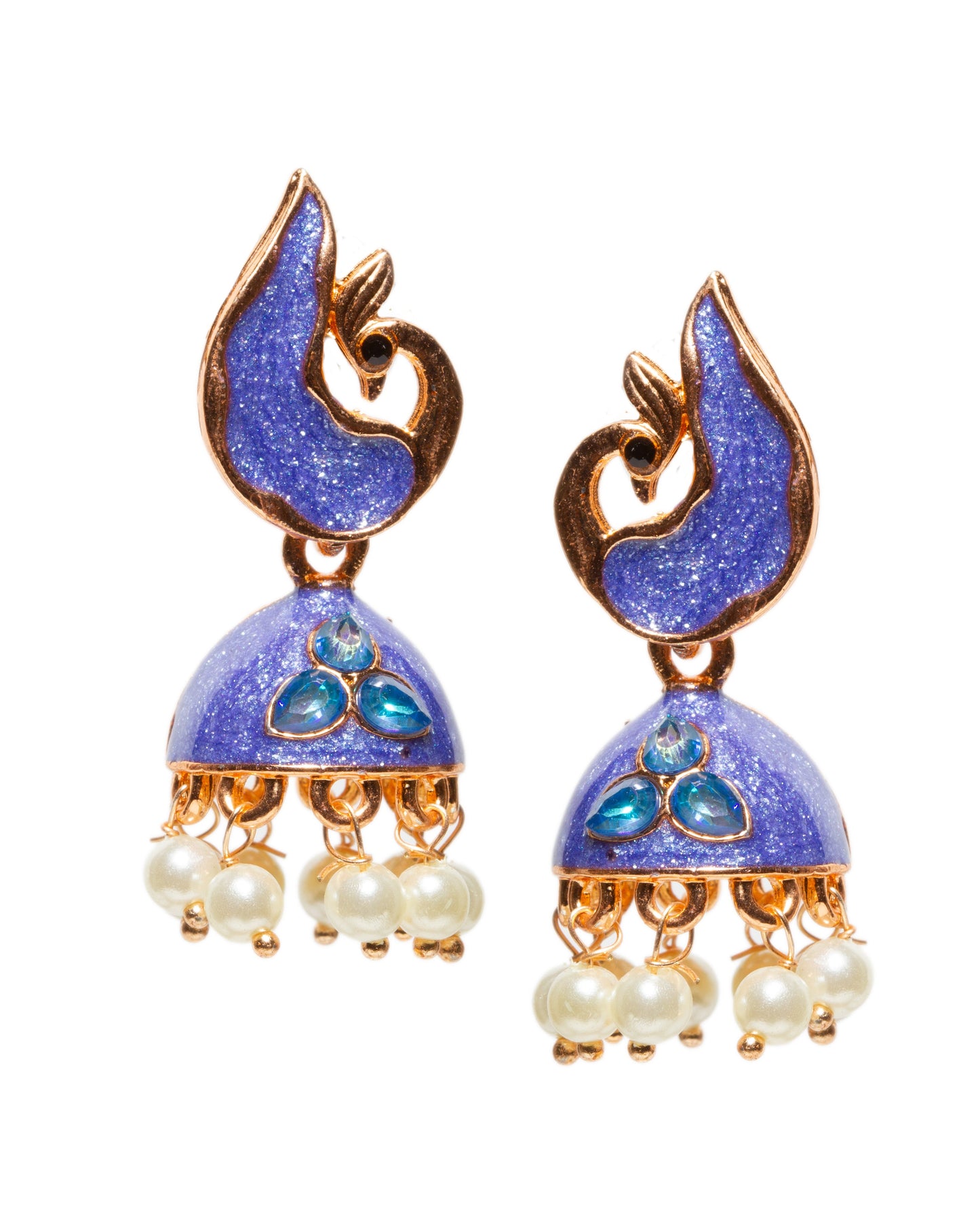 A pair of elegant rose gold-tone jhumka earrings featuring a modern peacock-inspired design with Ink blue meenakari enamel work. The earrings showcase peacock-shaped stud tops, dome-shaped drops with embossed triple stone and dangling white pearl beads for a graceful traditional look