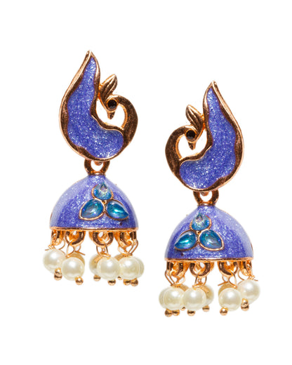 A pair of elegant rose gold-tone jhumka earrings featuring a modern peacock-inspired design with Ink blue meenakari enamel work. The earrings showcase peacock-shaped stud tops, dome-shaped drops with embossed triple stone and dangling white pearl beads for a graceful traditional look