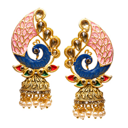 bindhani peacock meenakari pink blue colorful jhumka earrings for women girls