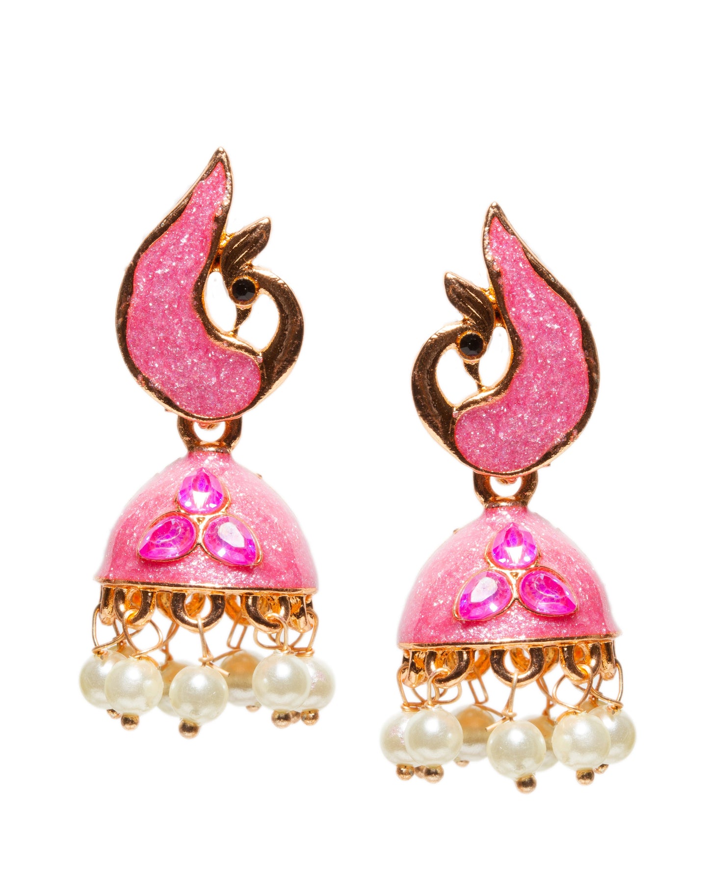 A pair of elegant rose gold-tone jhumka earrings featuring a modern peacock-inspired design with pink meenakari enamel work. The earrings showcase peacock-shaped stud tops, dome-shaped drops with embossed triple stone and dangling white pearl beads for a graceful traditional look