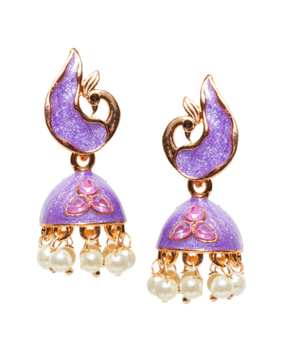 A pair of elegant rose gold-tone jhumka earrings featuring a modern peacock-inspired design with Purple meenakari enamel work. The earrings showcase peacock-shaped stud tops, dome-shaped drops with embossed triple stone and dangling white pearl beads for a graceful traditional look.