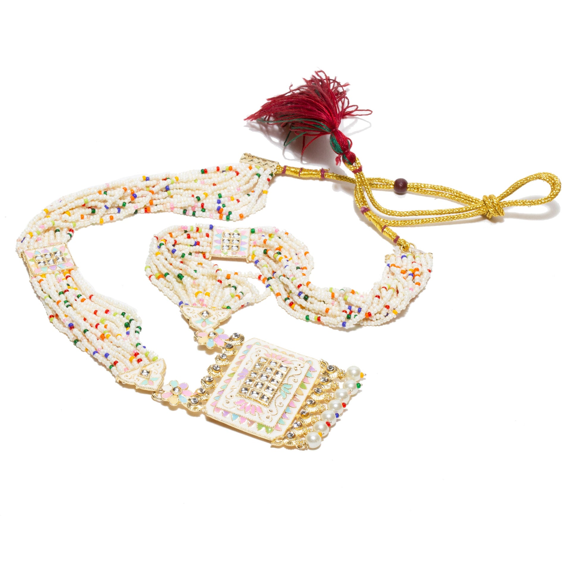 Traditional Bindhani-style rani haar necklace with multiple strands of white seed beads interspersed with small colorful beads in red, green, yellow, blue, and orange. The rectangul pendant features intricate stone work with a radial pattern of  and pendant is finished with dangling pearl beads with tiny colored bead tips -and-green thread tassel at the clasp. elements are visible in this image
