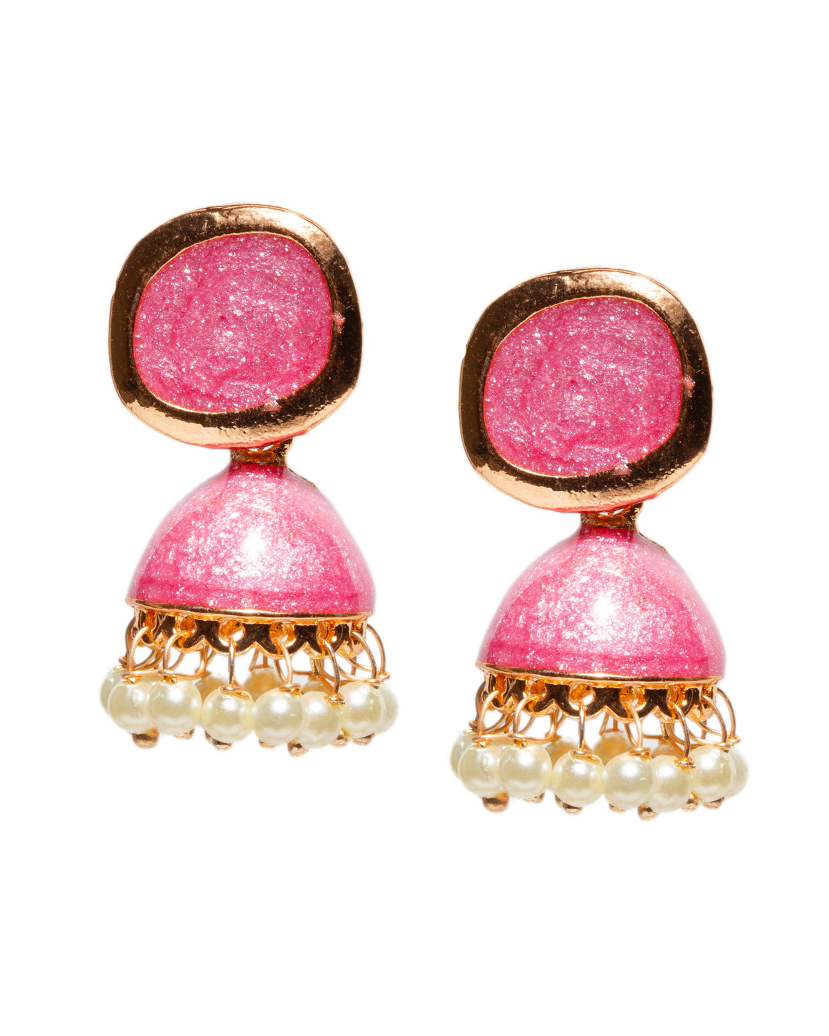 Bindhani gold-plated pink enamel work meenakari jhumka earrings with square stud tops, dome-shaped drop design, and dangling white pearl beads in traditional ethnic style.