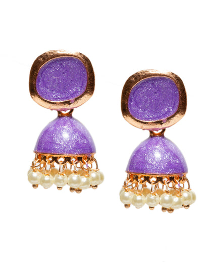 Bindhani gold-plated purple enamel work meenakari jhumka earrings with square stud tops, dome-shaped drop design, and dangling white pearl beads in traditional ethnic style.