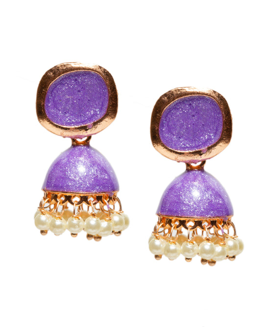 Bindhani gold-plated purple enamel work meenakari jhumka earrings with square stud tops, dome-shaped drop design, and dangling white pearl beads in traditional ethnic style.