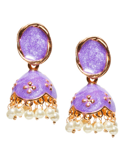 Front view Bindhani rose gold-tone jhumka earrings featuring oval stud tops with purple meenakari enamel work. The earrings have dome-shaped drops adorned with embossed motifs and dangling white pearl beads, creating a graceful traditional ethnic look.