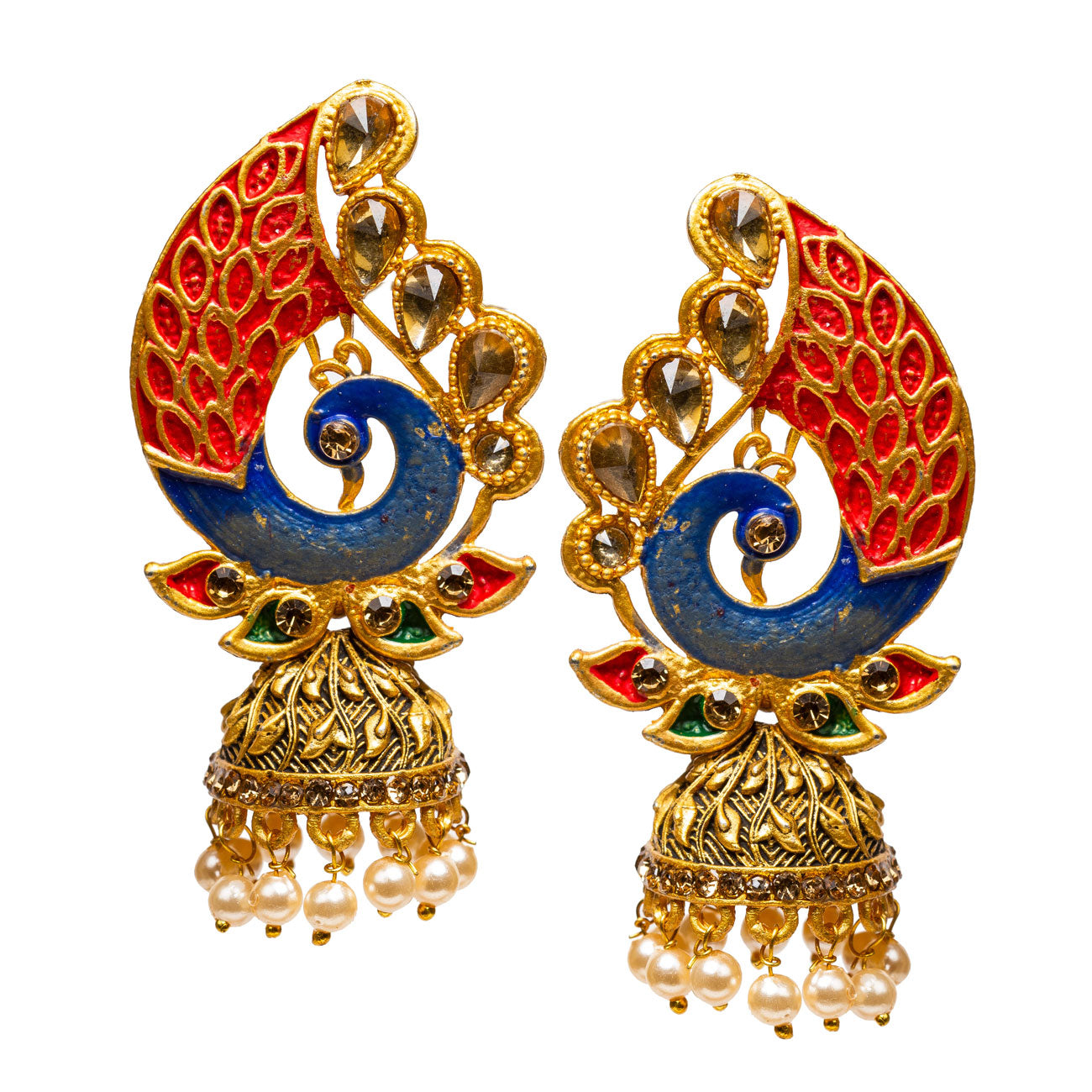 bindhani red blue colorful gold plated meenakari peacock jhumka earrings for women girls