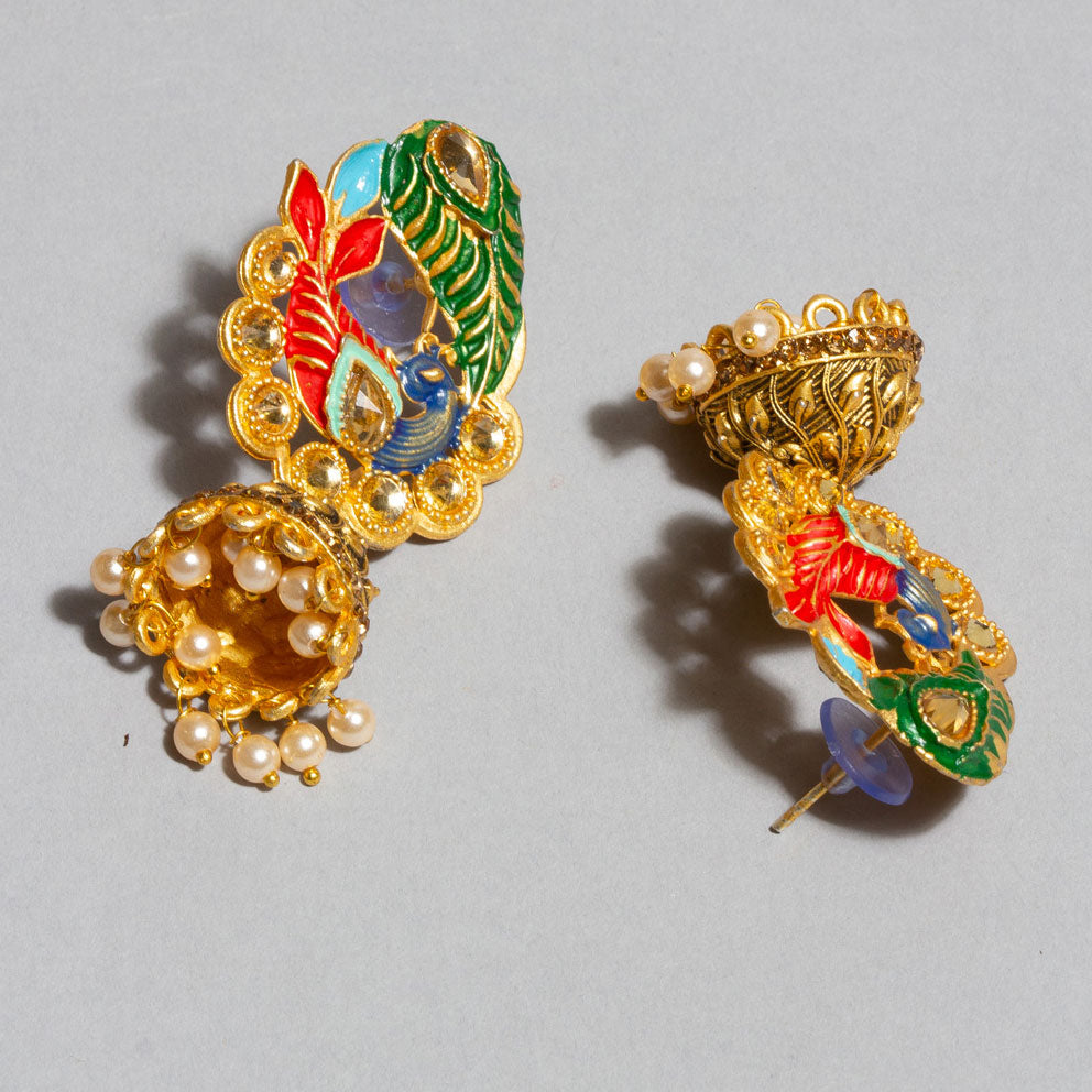 bindhani red green gold plated meenakari peacock golden stone jhumka earrings for women