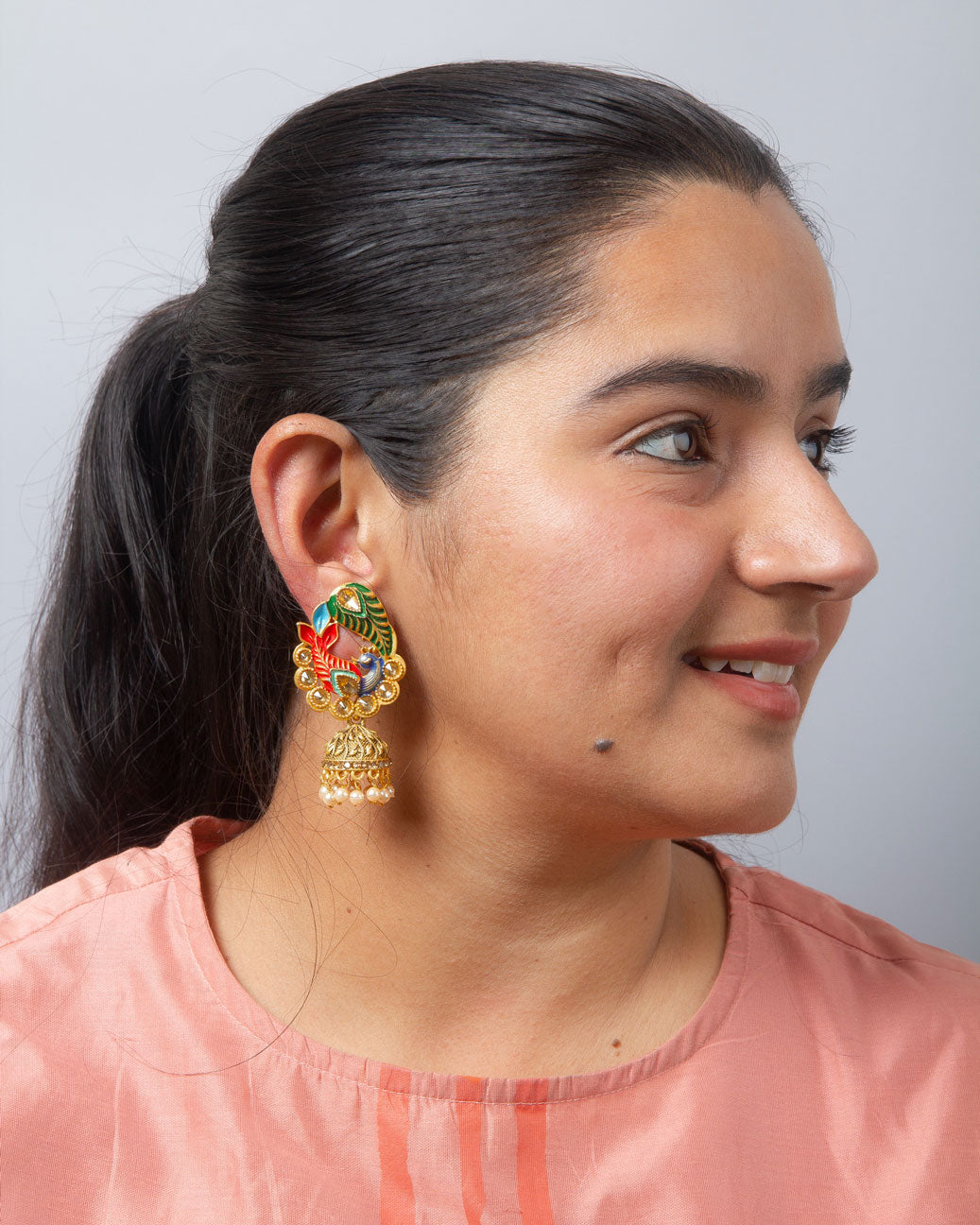 bindhani red green gold plated meenakari peacock golden stone jhumka earrings for women girls