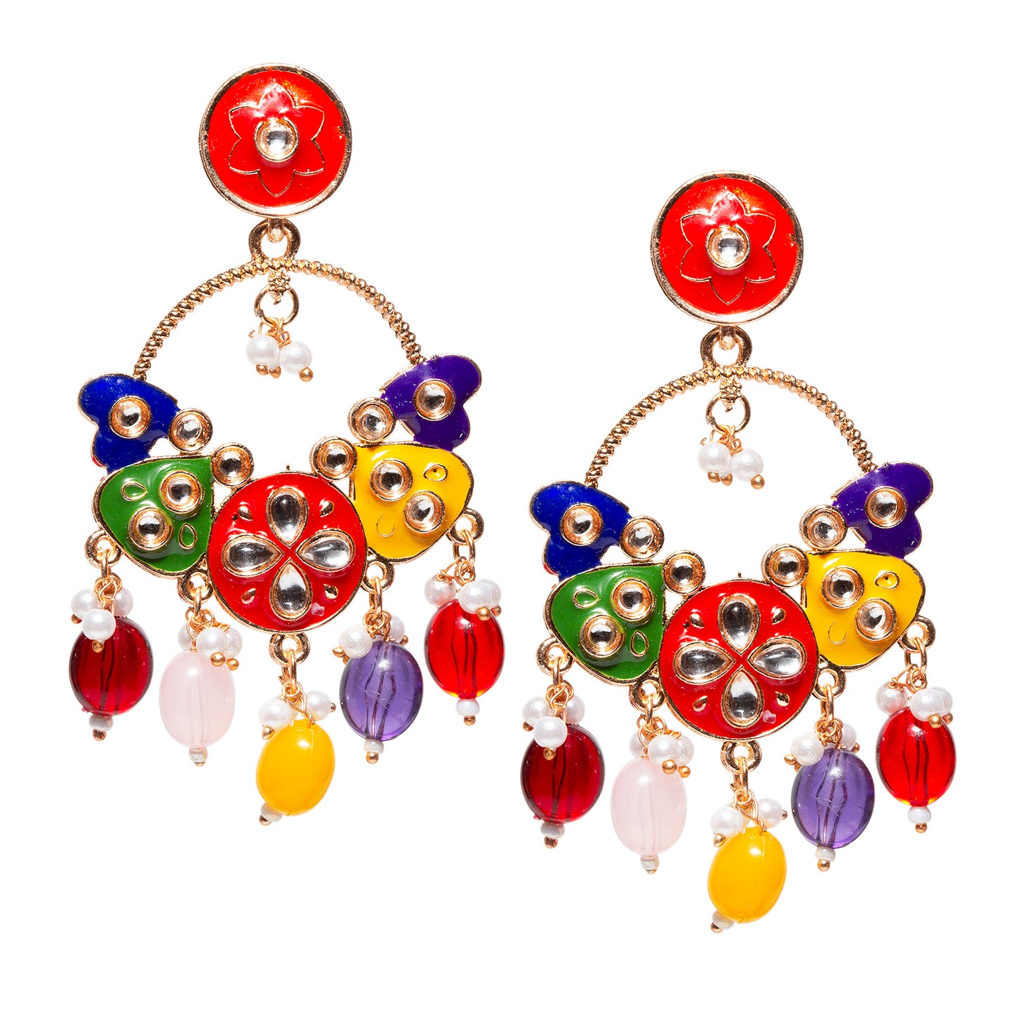 bindhani earrings made in rose gold plated kundan stone multi color drops meenakari for women