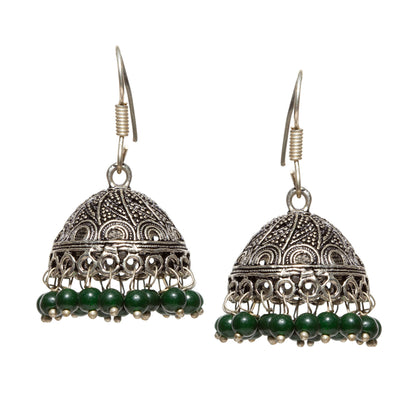 bindhani silver plated dark green beads oxidized jhumka fish hook earrings for women and girls