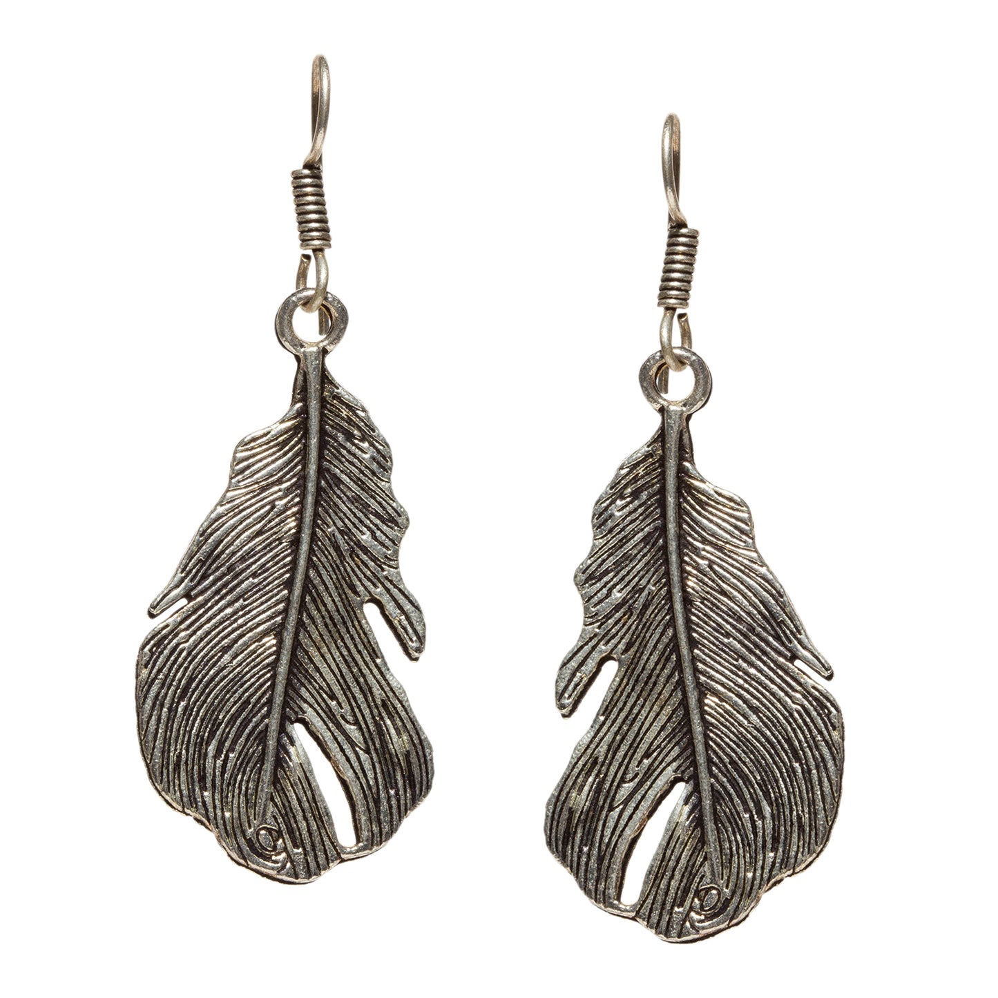 bindhani silver plated feather leaf shaped oxidised earrings secured with fish hook earwire for women and girls