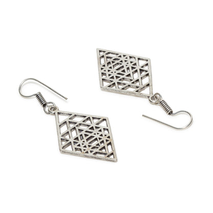 bindhani silver plated geometrical shapes small oxidised earrings secured with fish hook for women and girls