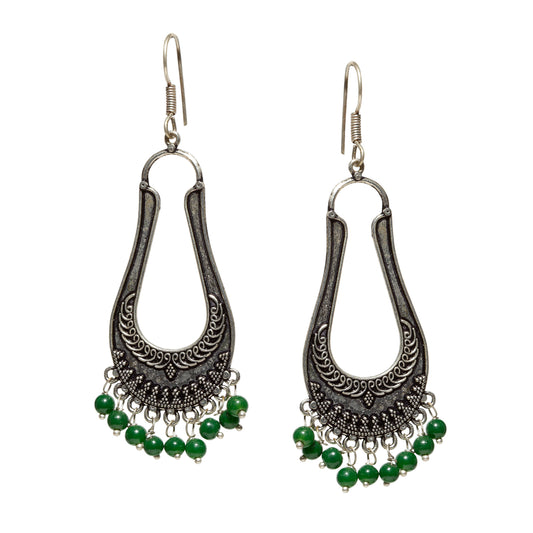 bindhani silver plated green beads oxidised fish hook long earrings for women and girls