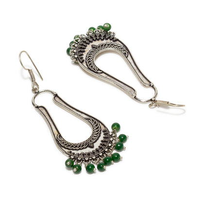 bindhani silver plated green beads oxidised fish hook long earrings for women and girls