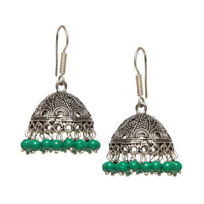 bindhani silver plated green beads oxidized jhumka fish hook earrings for women and girls