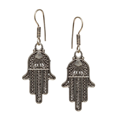 bindhani silver plated hamsa hand small oxidised earrings for women and girls