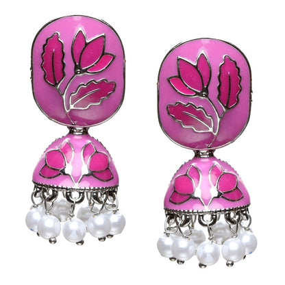 bindhani silver plated magenta pink multicolor meenakari pearl drops jhumki earrings for women teenage girls