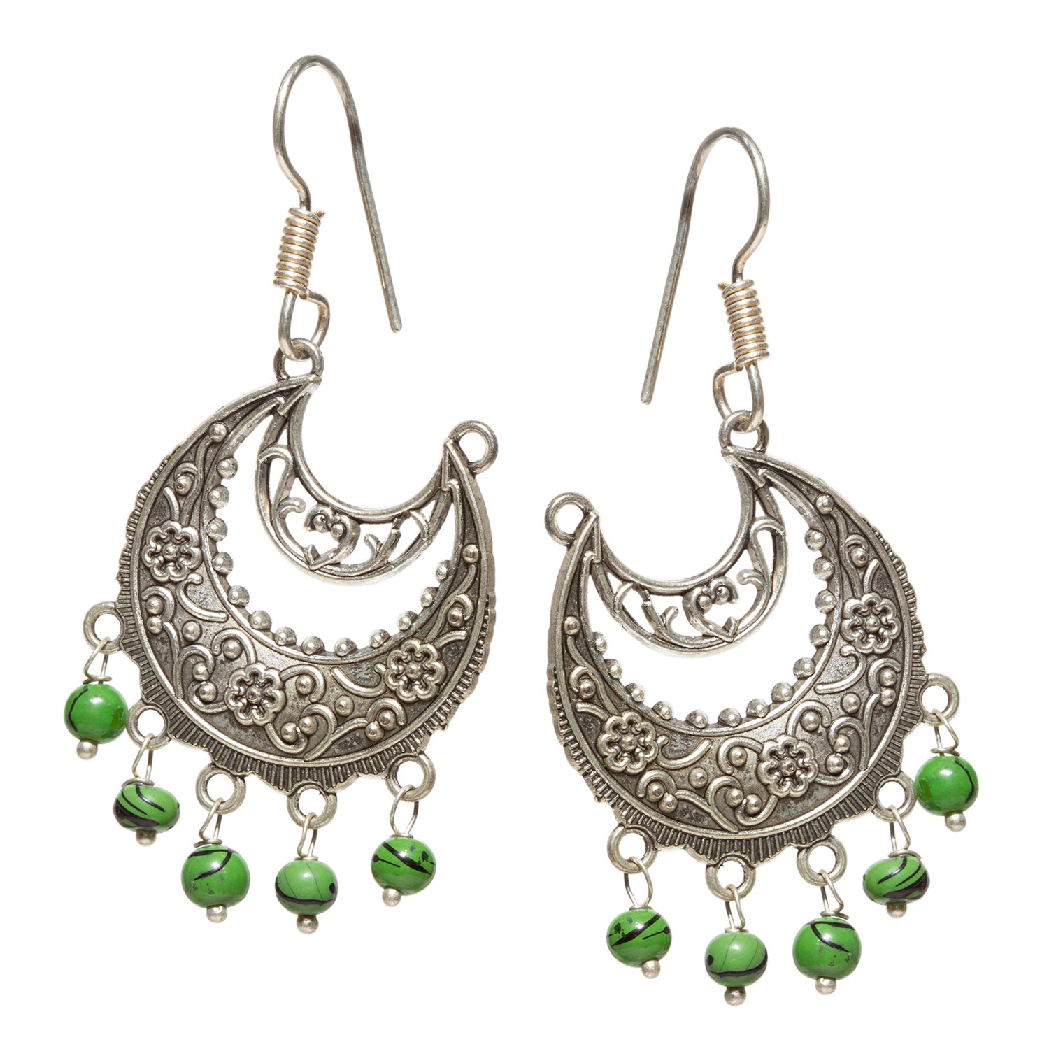 bindhani silver plated moon shaped green beads long oxidised earrings secured with fish hook earwire for women and girls