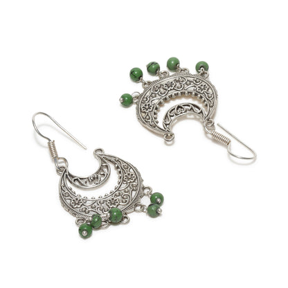 bindhani silver plated moon shaped green beads long oxidised earrings secured with fish hook earwire for women